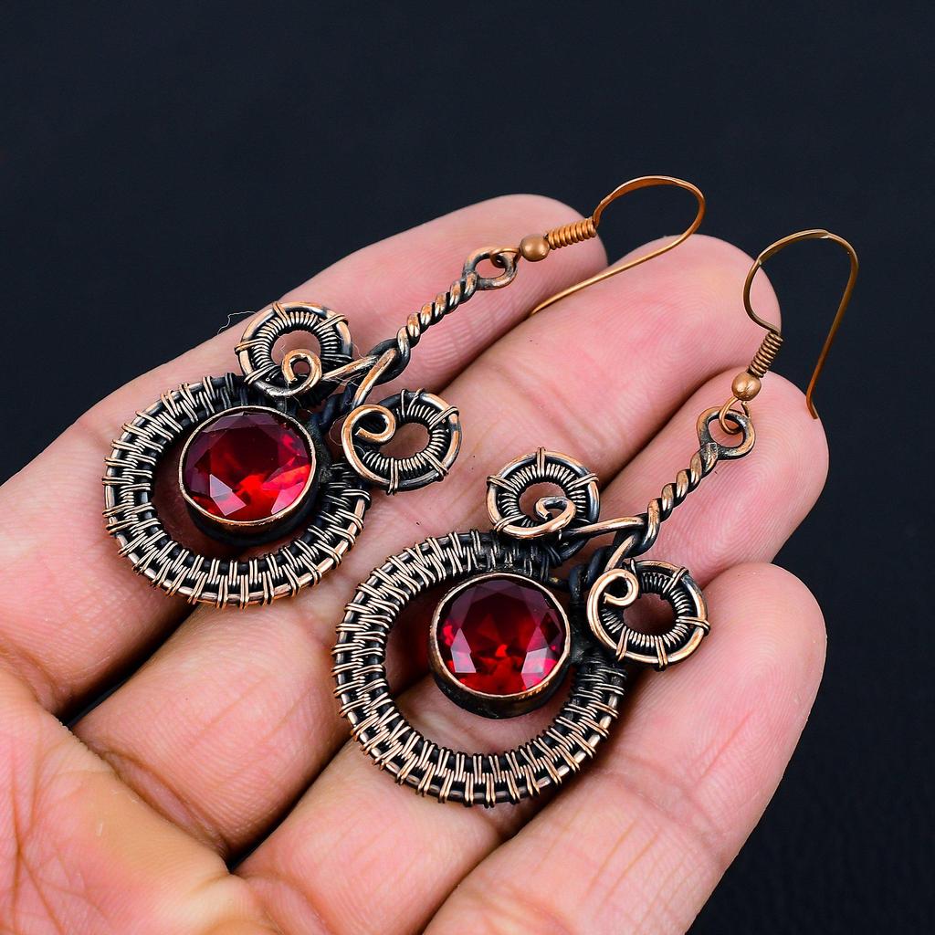 Garnet Gemstone Handmade Pure Copper Wire Wrapped Amazing Jewelry Earring