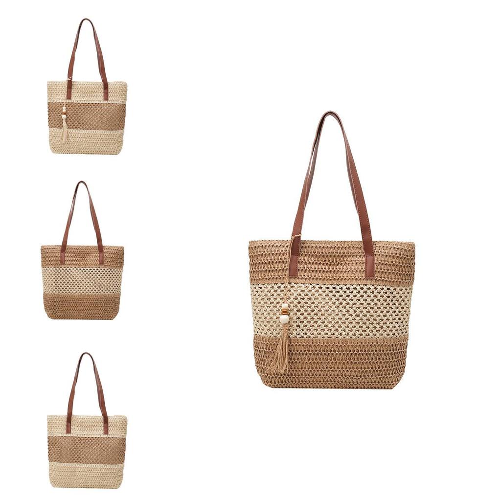 Casual Straw Tote Bag For Women Large Capacity Beach Shoulder Bag With Color Blocking Design And Tassel Decor