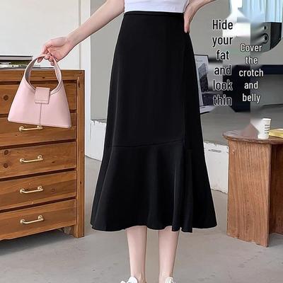 Женская юбка А-силуэта с завышенной талией, черная, с рыбьим хвостом - лестная весенняя юбка для больших размеров, скрывающая живот и стройнящая, доступна короткой и длинной длины.