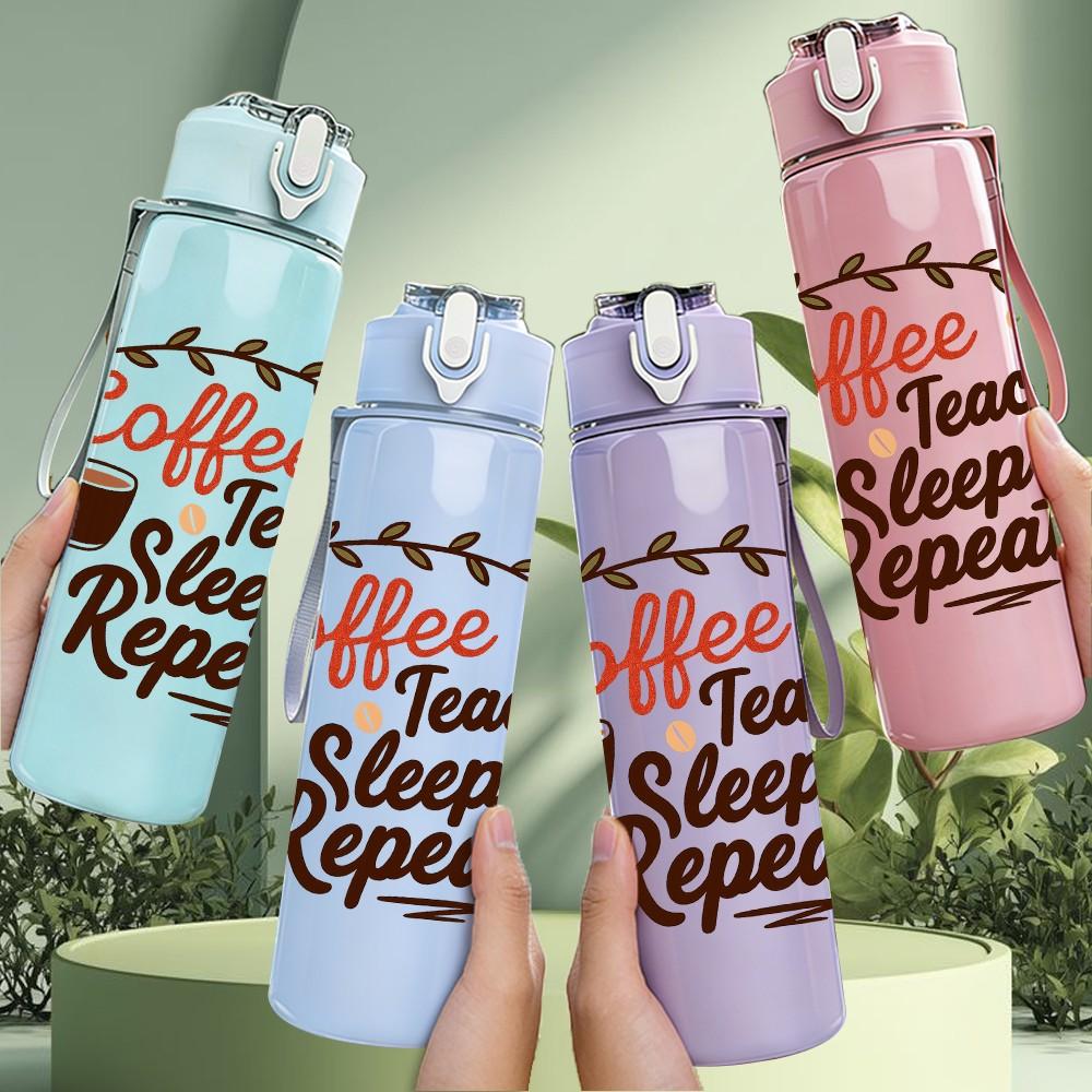 1PC Coffee Teach Sleep Repeat Letter 750ml Color Plastic Sports Water Bottle Leakproof Flip Straw Lid Suitable for Sports Office Home Use