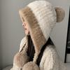 Women's Winter Cold-Resistant Hat Large Head Circumference Plush Pom-Pom Cute Earflap Ear-Covering Fleece-Lined Thickened Color-Block Knitted Hat