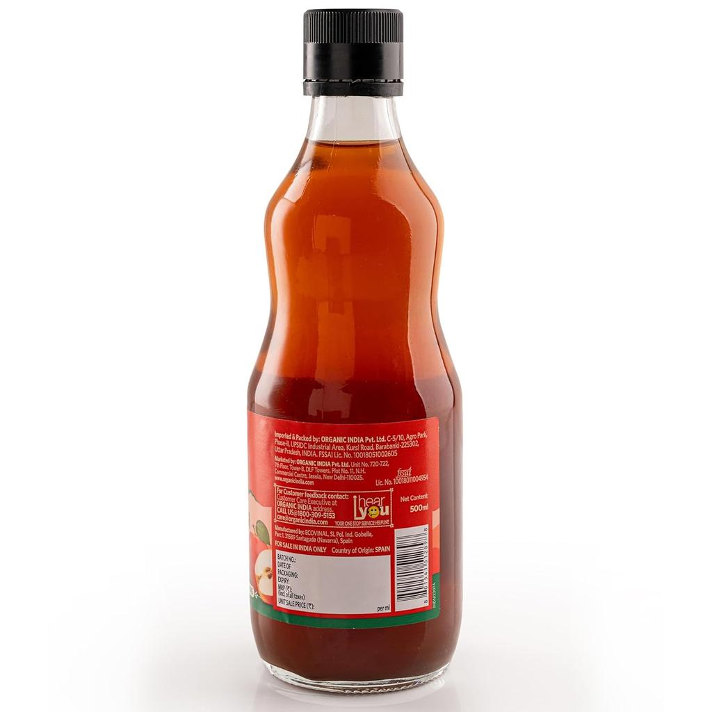 ORGANIC INDIA Apple Cider Vinegar 500ml With Mother Raw Unfiltered Spanish Red Apples Lab Tested
