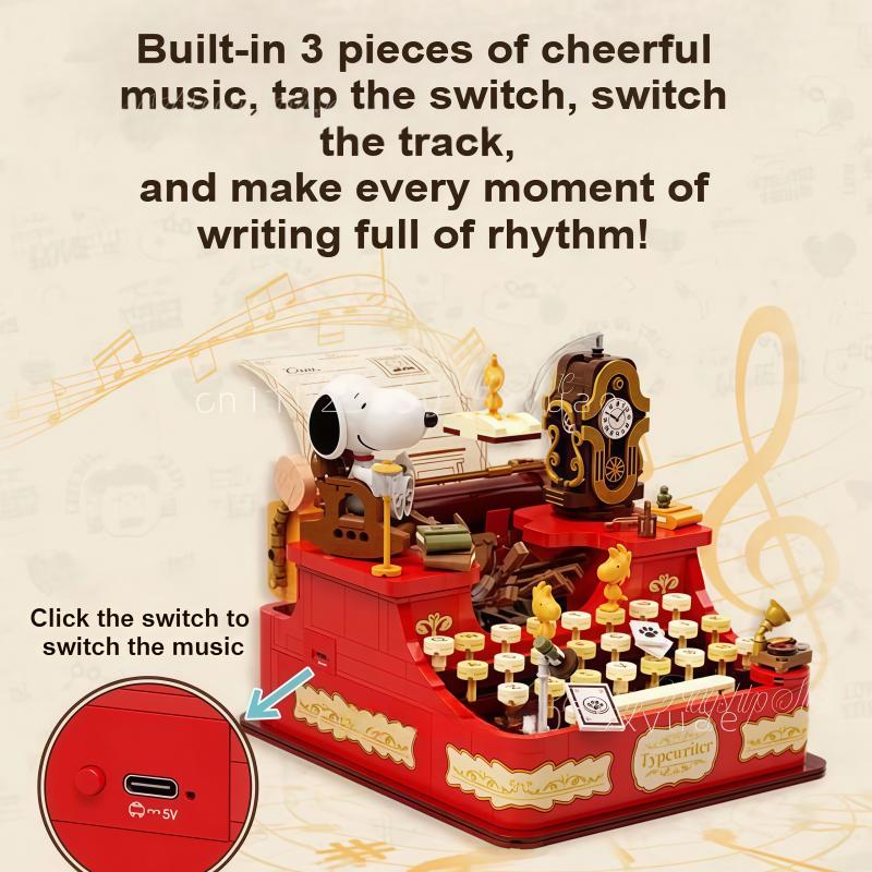Новая серия Snoopy Retro Музыкальная пишущая машинка Модель из строительных блоков Сборка Мультяшная головоломка Игрушка Подарок Съемный Коллекционный Орнамент
