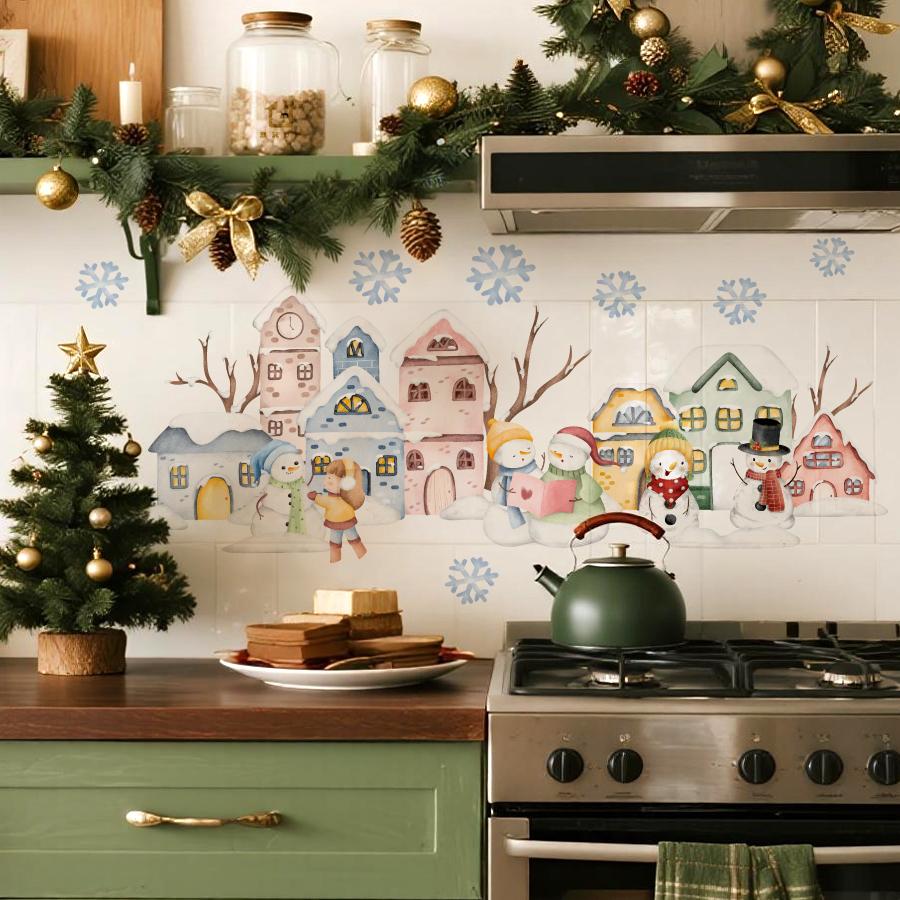 Warm Watercolor Snowman Colorful Cottage Nursery Wall Stickers Removable Self-Adhesive For Nursery Living Room Kids' Room Decor