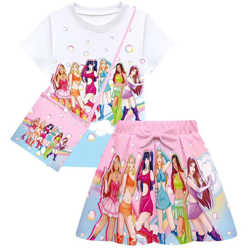 Fashion Girls KATSEYE Print Sets Short Sleeves T-Shirt Top Skirt Bag