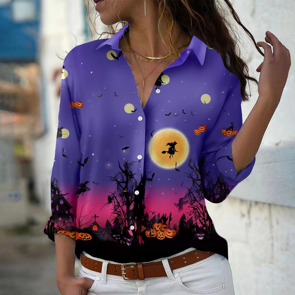 Черная кошка с принтом женская блузка весна осень женская офисная женская рубашка на пуговицах с отложным воротником