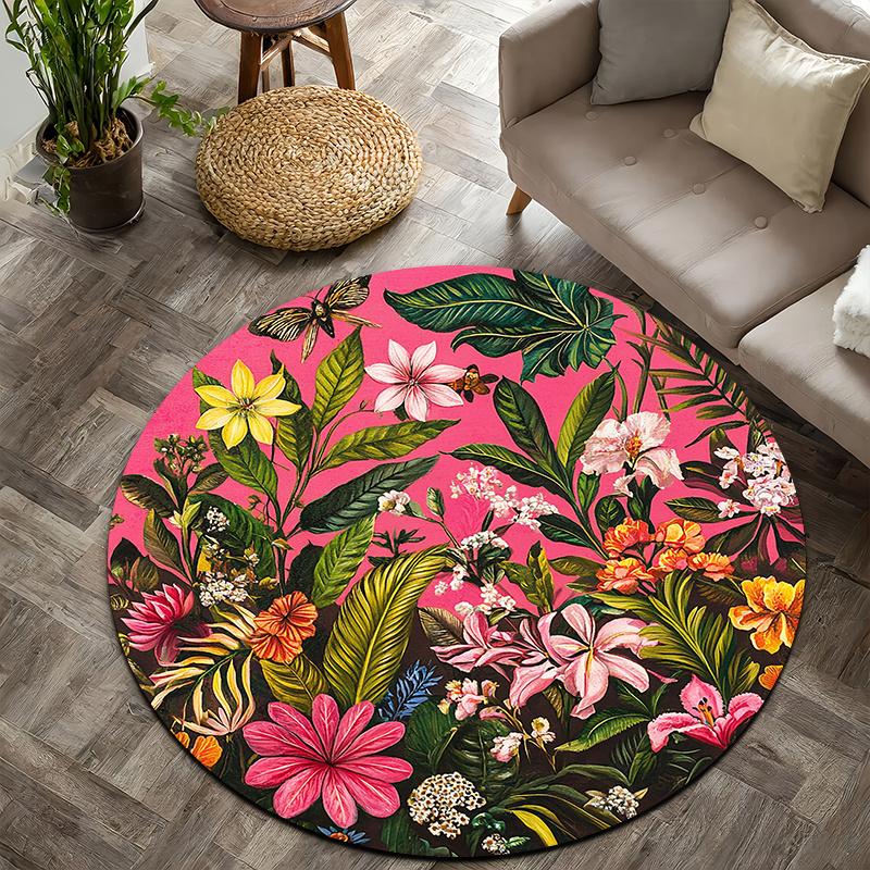 Pink tropical flower jungle Flannel-printed round floor mats are slip-resistant Suitable for room bedroom terrace garden carpets
