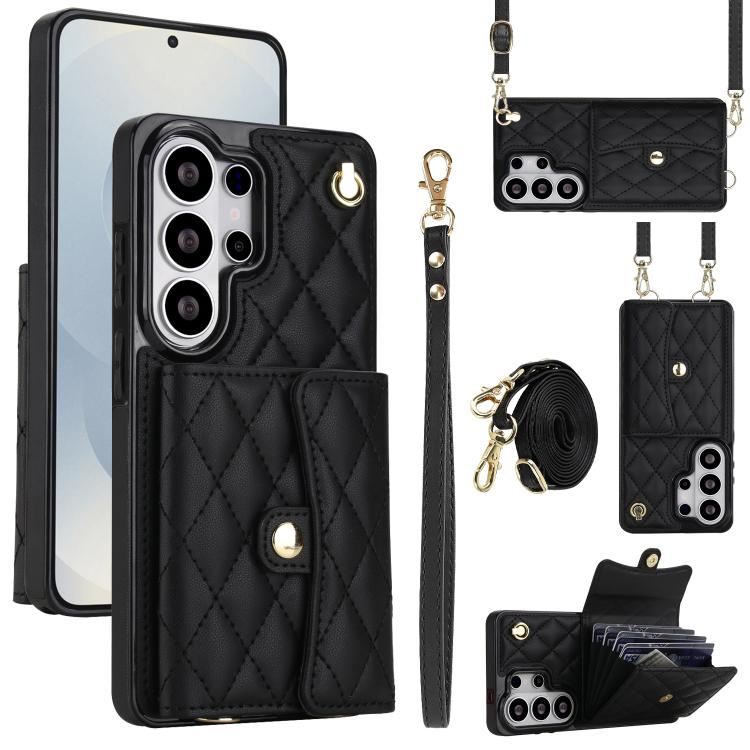 Crossbody Rhombic Wallet PU Leather Phone Case For Samsung Galaxy S26 Ultra 5G, Card Slot Anti-Fall Protective Cover