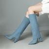 FOREADA Women Knee High Long Boots Pointed Toe Chunky High Heels Denim Gogo Boots Ladies Fashion Shoes Autumn Winter Sky Blue 43