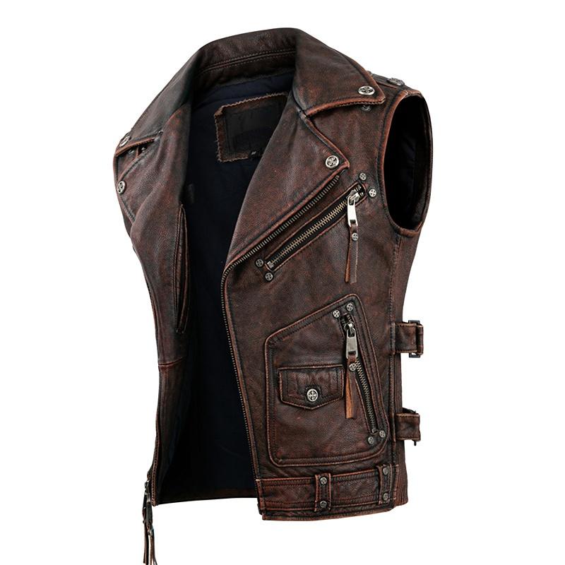 Vintage Brown Motorcycle Vests Men Natural Cowhide Genuine Leather Jacket Sleeveless Men's Riding Vest Motor Biker Jackets