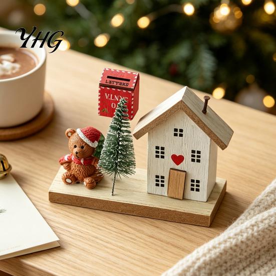 Wooden Cabin Ornaments for Desktop Mini Christmas Village House Figurine, Winter Scene Ornament with Snowman Red White Accents Bear & Mailbox, Nordic