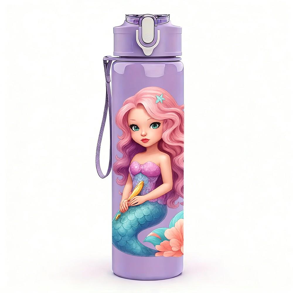 1PC Ocean Mermaid Cartoon Art 750ml Color Plastic Sports Water Bottle Leakproof Flip Straw Lid Suitable for Sports Office Home Use