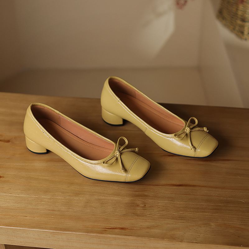 Krazing Pot Sheep Skin Summer Spring Autumn Med Heels Slip On Women Butterfly-knot European Design Square Toe Shallow Pumps