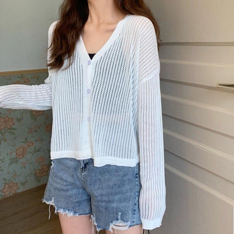 Женская футболка Футболки Liva Girl с v-образным вырезом Hollow All-Match Однобортный солнцезащитный кардиган Футболка Топы Vetements Femmes