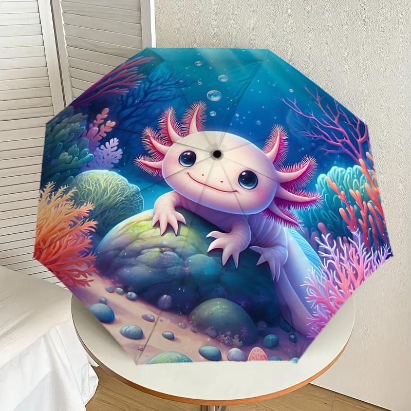 1PC Axolotl Ocean Automatic Open/Close Umbrella with Windproof, 8-Rib Sturdy Canopy, Durable Ribs, Fashionable Design, Outdoor Accessory, Fun Prin, Ho
