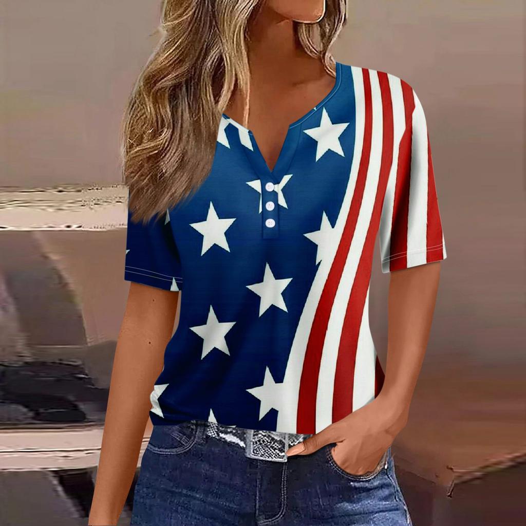 Жен. Футболка Футболка День независимости С принтом Пуговицы С короткими рукавами Повседневные Выходные Мода Классический Классический V-образный вырез Обычный Топ