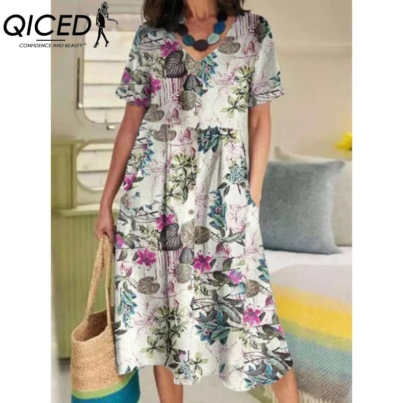 QICED Женские модные летние весенние однотонные повседневные платья с v-образным вырезом и короткими рукавами и высокой талией