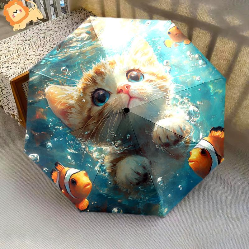 1 шт. Автоматический складной зонт - Узор "Кот и Рыба-Клоун", Портативный и складной дизайн с 8 спицами, Рождественские и Новогодние подарки