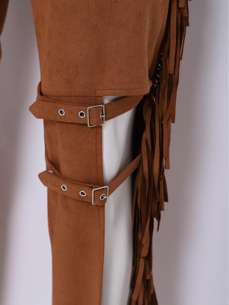 Men Western Cowboy Chaps Pants Side Tassel Split Wide Leg with Straps Adjustable Waist Faux Suede Pants for Horse Riding Rodeo