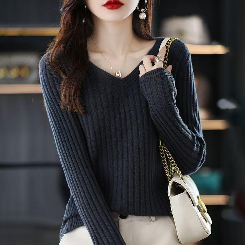 Женский свитер Зимний с V-образным вырезом Утепленный Пуловер Теплый Вязаный Эластичный С длинным рукавом Свободный Джемпер Свитер Топы