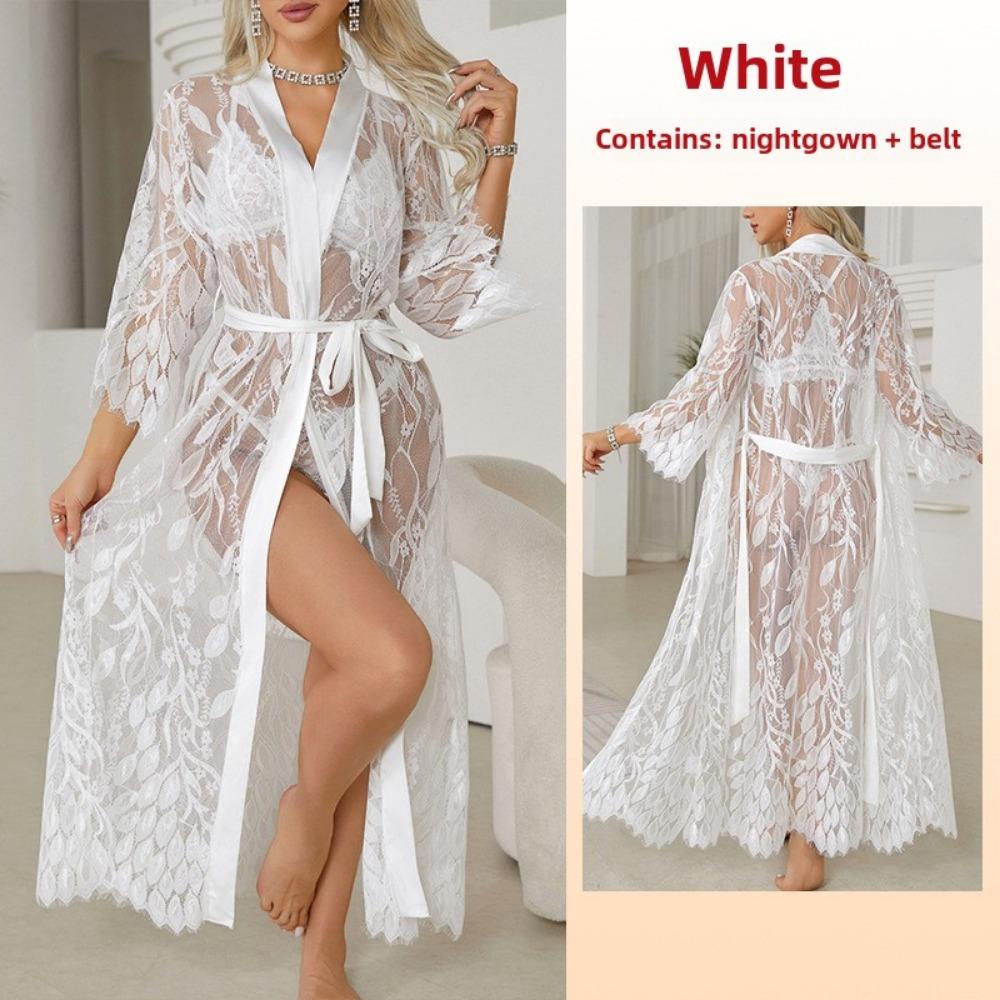 Ladies Nightgown Sexy Lace Splicing Homewear Bathrobe Cardigan Perspective Pajamas