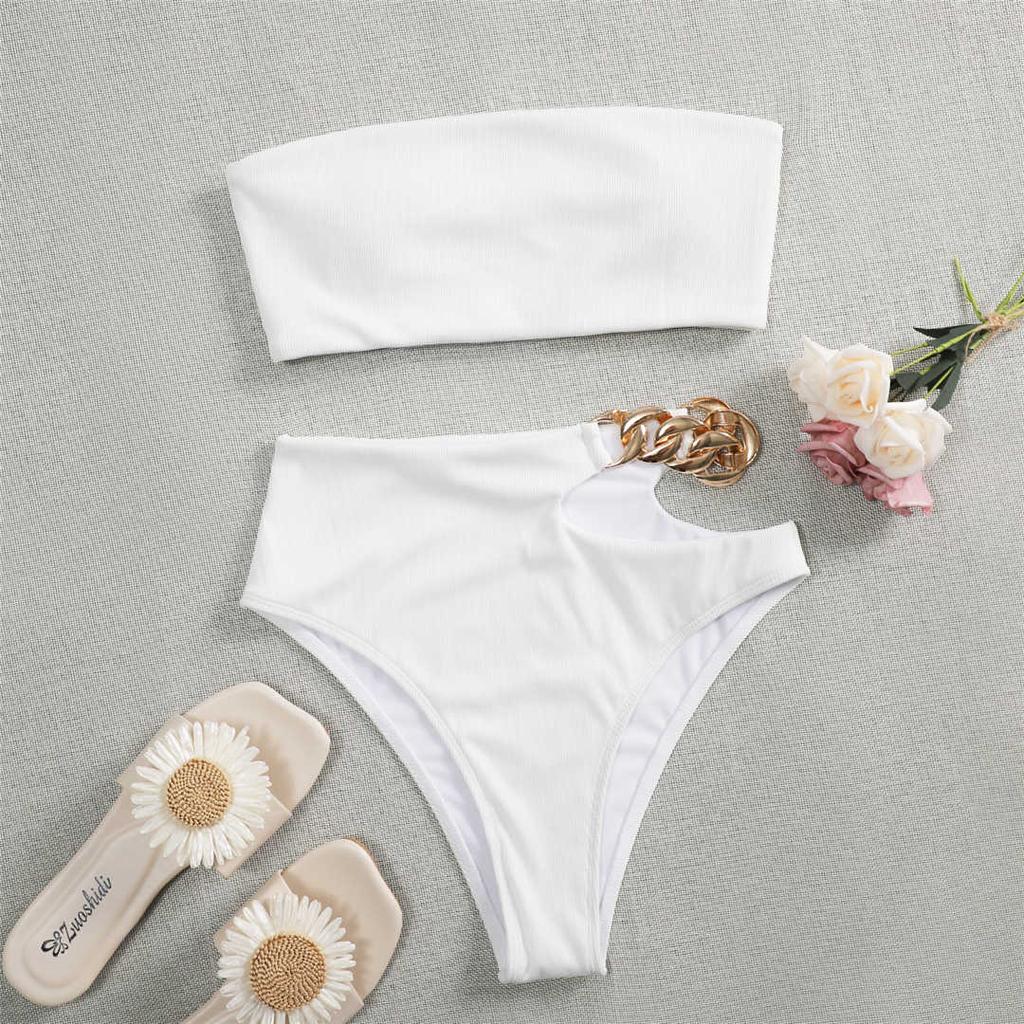 Асимметричный бандо с высокой талией, женский купальник, женский купальник, комплект бикини из двух частей, купальный костюм с цепочкой