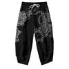 Черные мужские шаровары с рисунком китайского дракона в японском стиле, повседневные укороченные брюки-кимоно с эластичной резинкой на талии, уличная одежда