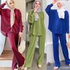 Women Pleated Solid Muslim Sets Fashion Islam Modest Two Piece Buttoned Tops and Wide Leg Pants Suits Dubai Turkey Abaya Outfits