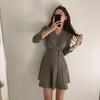 Осеннее женское трикотажное платье с длинным рукавом и v-образным вырезом, однотонное корейское стильное элегантное женское мини-платье-свитер