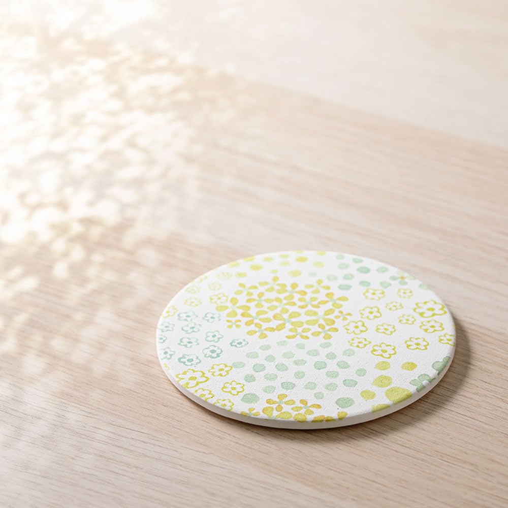 &NE Stained Flower Absorbent Ceramic Coaster, Yellow, NRS-361-YE, Made in Japan