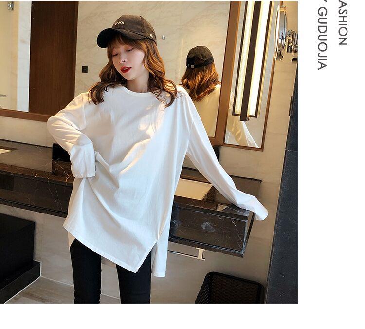 Женская футболка из чистого хлопка с круглым вырезом и длинными рукавами: Свободный многослойный топ на осень/зиму