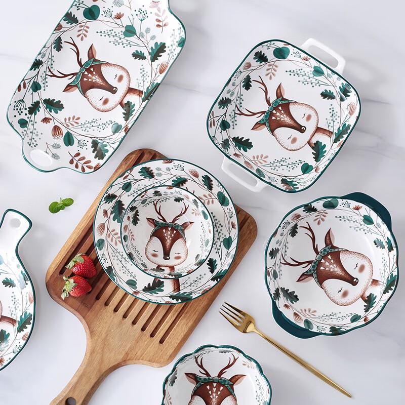 Japanese Style Elk Ceramic Salad Bowls, 6-inch (Set of 2)