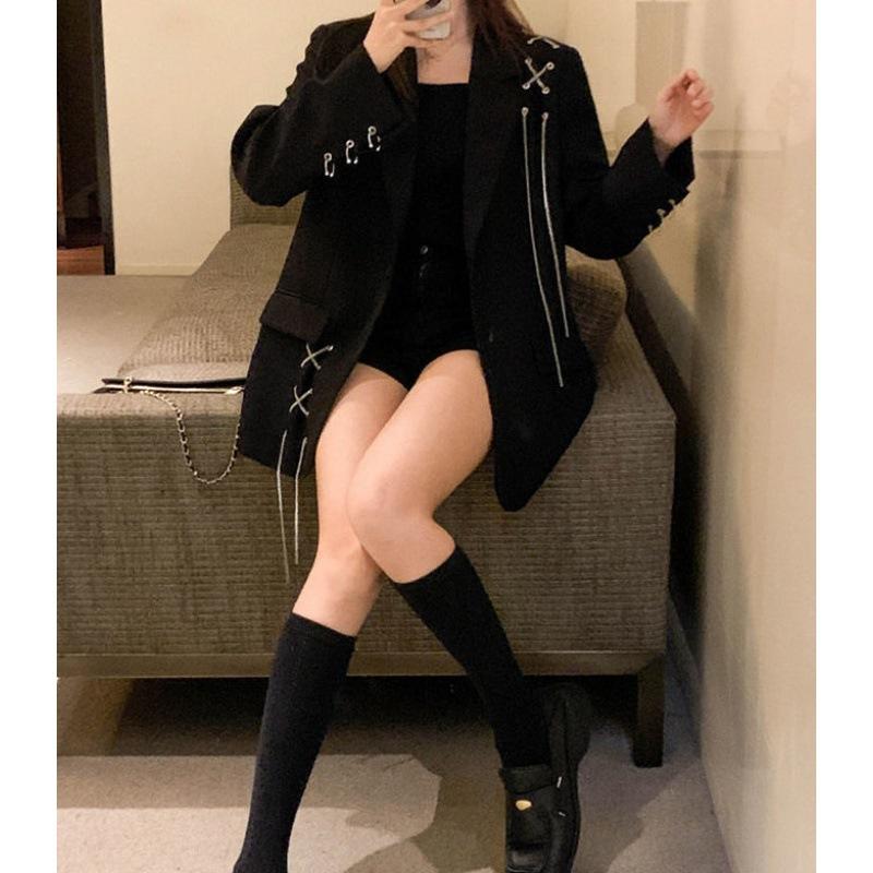 Винтажный готический черный пиджак женский корейский стиль цепочка длинный рукав свободный пиджак весна осень офисная женская верхняя одежда Harajuku