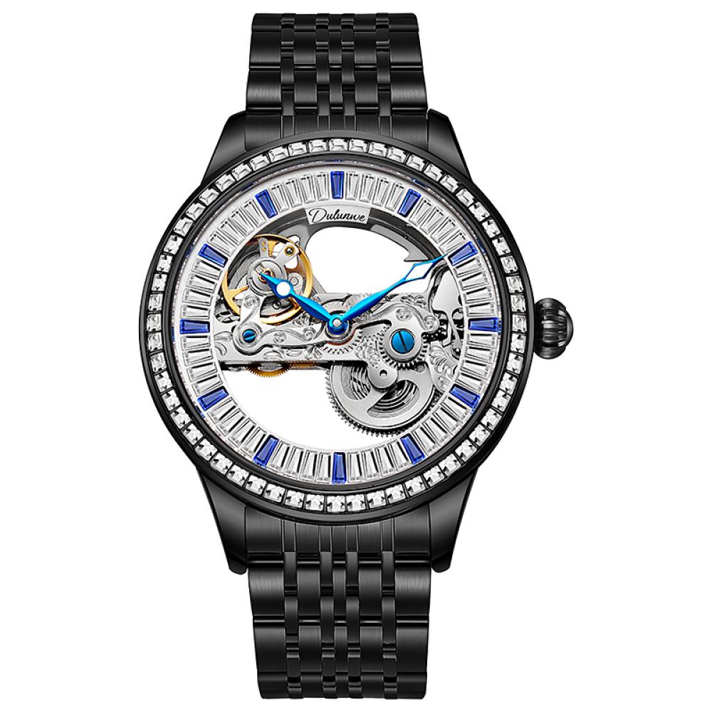 Dulunwe Роскошные полые автоматические наручные часы модные скелетонированные бриллиантовые мужские механические часы со стразами водонепроницаемые часы