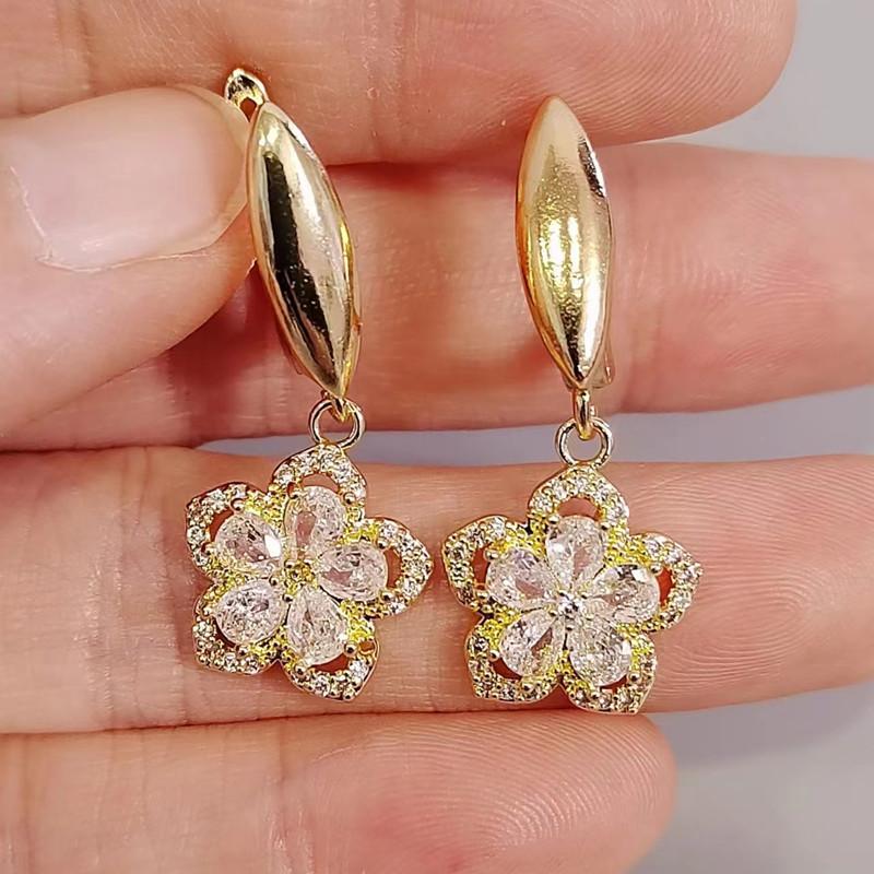 Новые роскошные серьги-капли с цветком циркона для женщин, модные серьги золотого цвета, ювелирные изделия, аксессуары для свадебной вечеринки