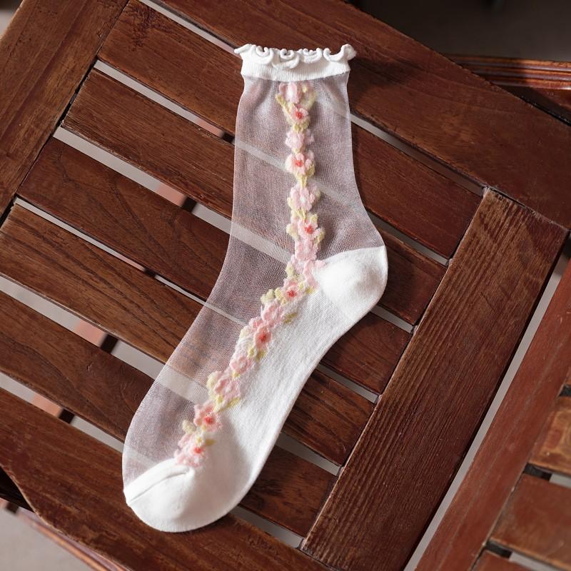 Summer Women Socks Ultra-thin Transparent Crystal Silk Socks Women Cartoon Print Japanese Kawaii Cute Funny Elastic Long Socks