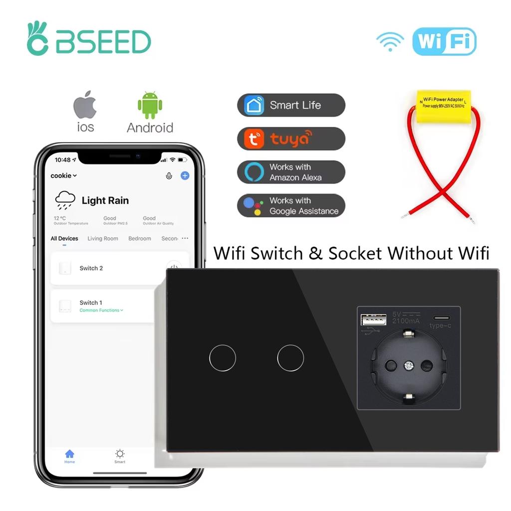 BSEED 1/2/3-клавишные Wifi сенсорные выключатели света Tuya Smart Life Приложение Alexa С розетками EU, портами питания USB, конденсатором в комплекте, черный