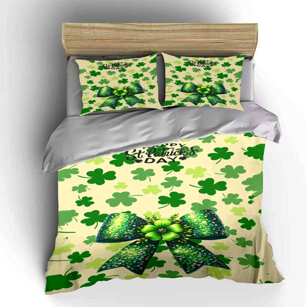 Green shamrocks and bow. Bedding sets Duvet cover sets Duvet covers Pillowcases(1 * Duvet Cover 2 * Pillowcases without duvet insert)