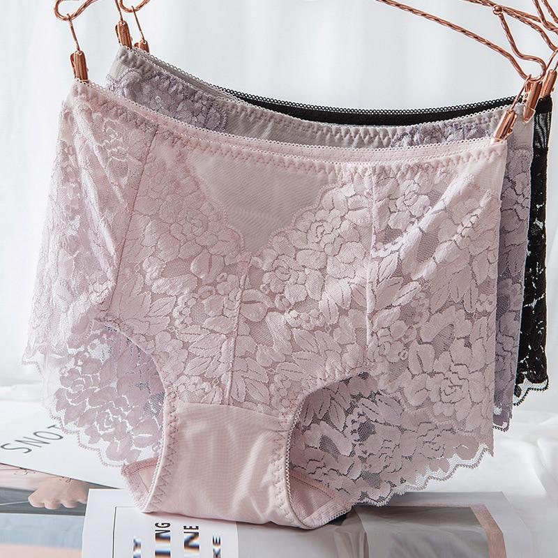 Ladies Mesh Panties High-waist Seamless Lace Underwear Briefs Transparent Silk Women Cotton Health Knickers Lingerie XXXL