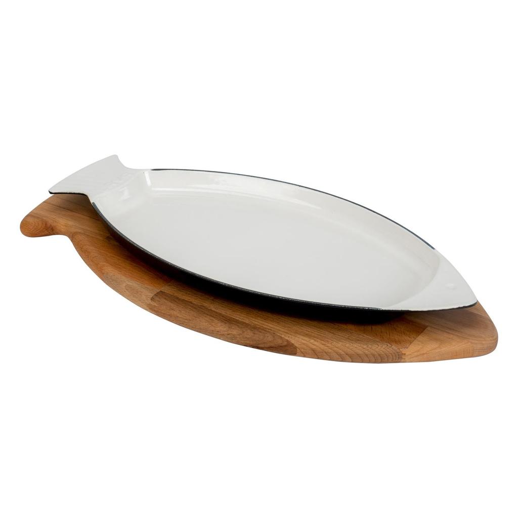 Lava Cast Fish Plate Cast Iron Solid Wood with Handle Beech Serving Wood Size 20x32 cm Sable Blue