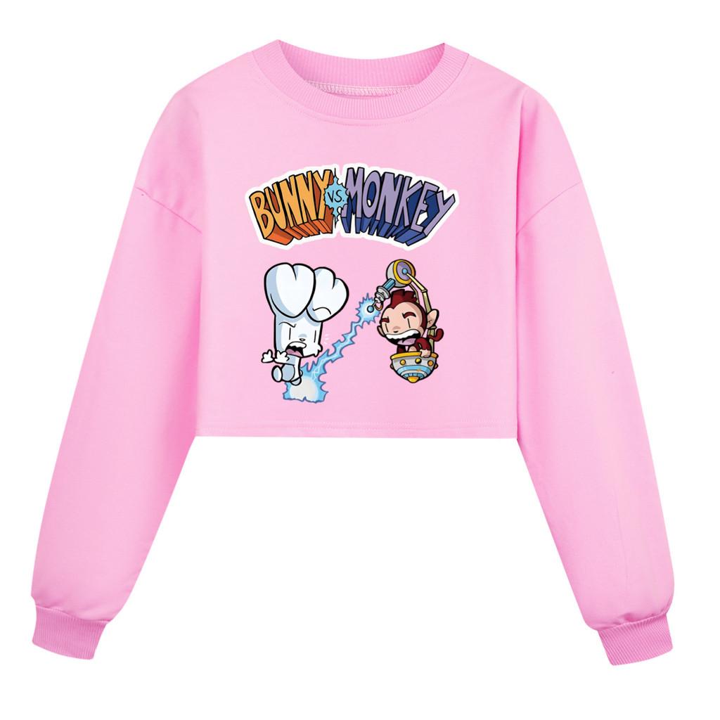 4187 Kids Girls Bunny Monkey Printed Casual Long Sleeves Short Style Sweatshirt