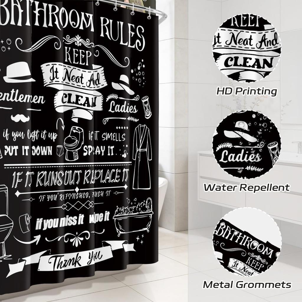 Funny Bathroom Rules Shower Curtain, Black & White Typography Print, Waterproof Fabric for Bathroom, Humorous Home Decor