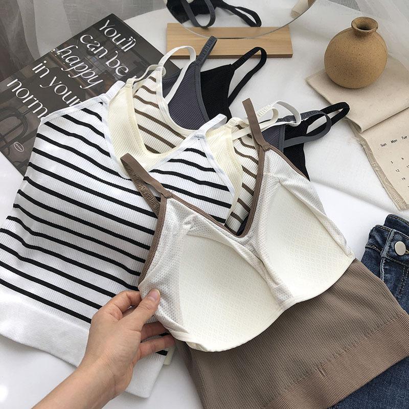 Полосатый красивый топ-майка с открытой спиной, со встроенными чашечками, в корейском стиле, для горячей девушки, для ношения как нижнее белье и как верхняя одежда, топ-бандо, базовый слой