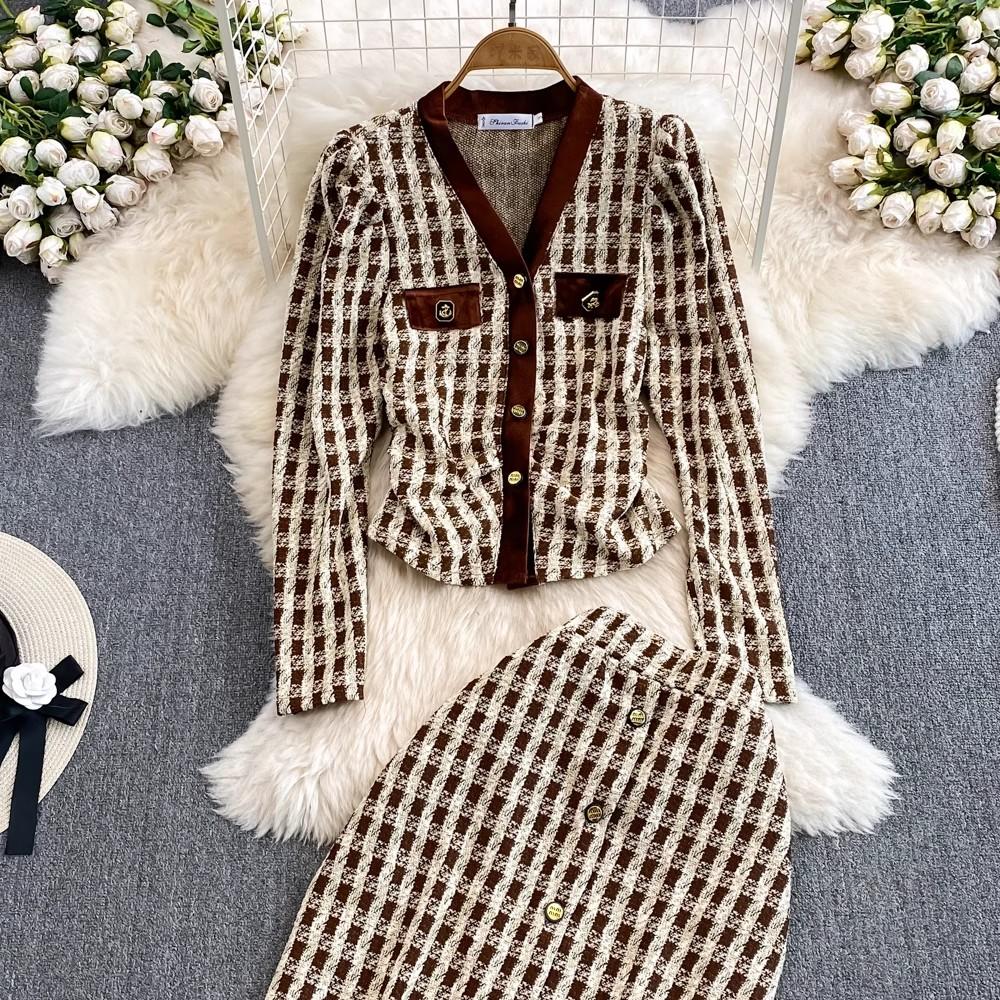 Осенне-весенний клетчатый твидовый костюм с небольшим ароматом, женский короткий пиджак с v-образным вырезом, пальто + длинная юбка-карандаш на пуговицах, комплект из двух предметов