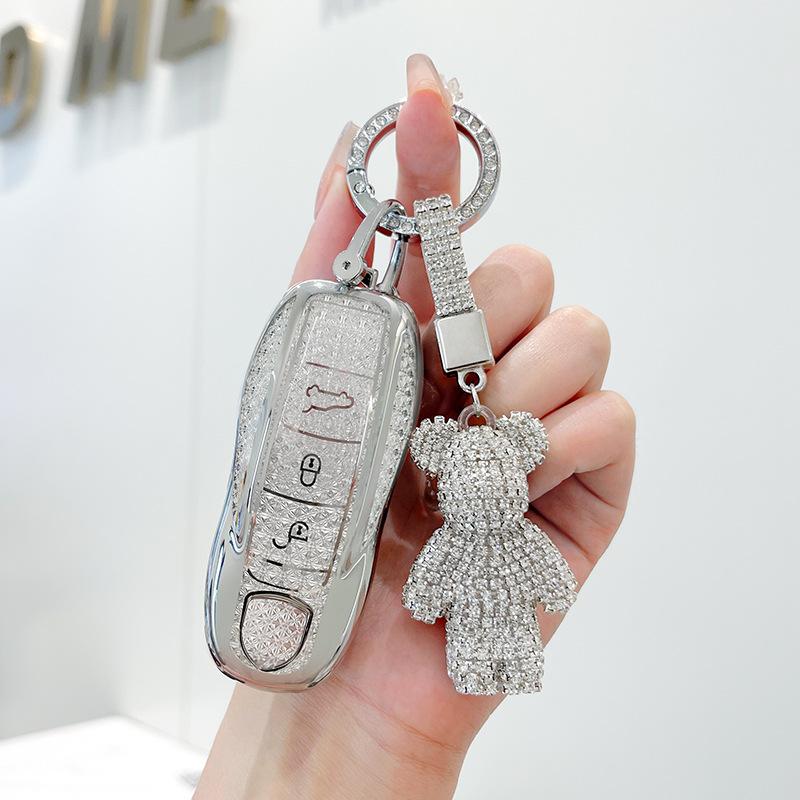 Premium Soft TPU Pink Silver Car Key Case Cover Accessories for Porsche Macan 718 Cayenne Paramela 911 Key Rings Keychain Bag