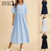 Women Fashion Solid Color Dress Large Loose Cotton Linen Round Neck Midi Dress Five Piece Sleeves