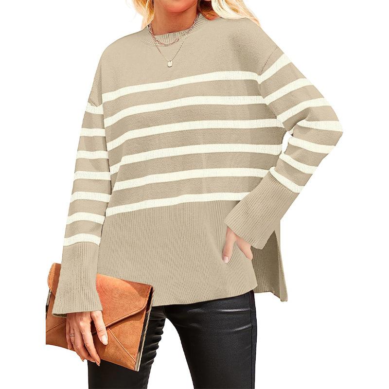 Women's knitted sweater 2025 autumn and winter new products European and American cross-border casual stripes loose crew neck pullover sweater