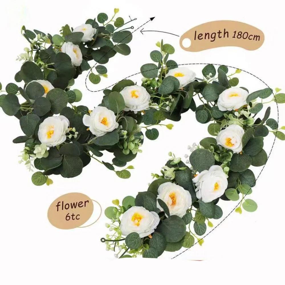 70.87in Faux Floral Vine Garland With White Rose Lifelike Artificial Eucalyptus Leaves Exquisite Durable Garland Hanging Plants