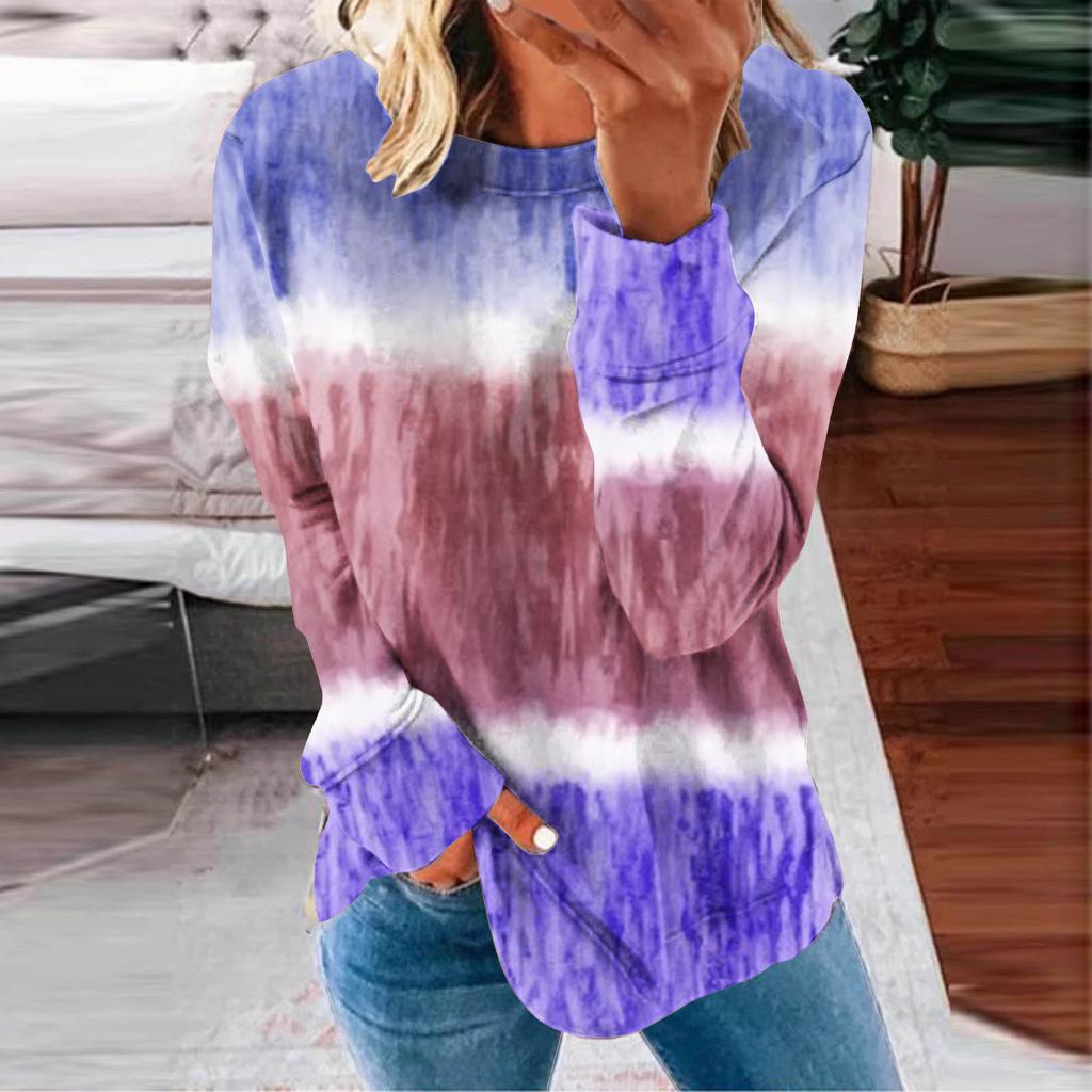 Women's Top Autumn Winter Stripe Tie-dye Print Sweatshirts Long Sleeved O Neck Gradient Hoodies Female Casual Tops