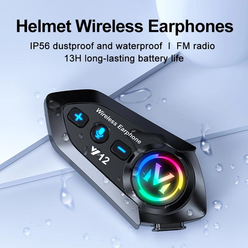 Y12 500M Two Rider Wireless Bluetooth 5.4 Motorcycle Helmet Headphone IPX6 Waterproof 800mAh Noise Canceling RGB Color FM Radio Headset